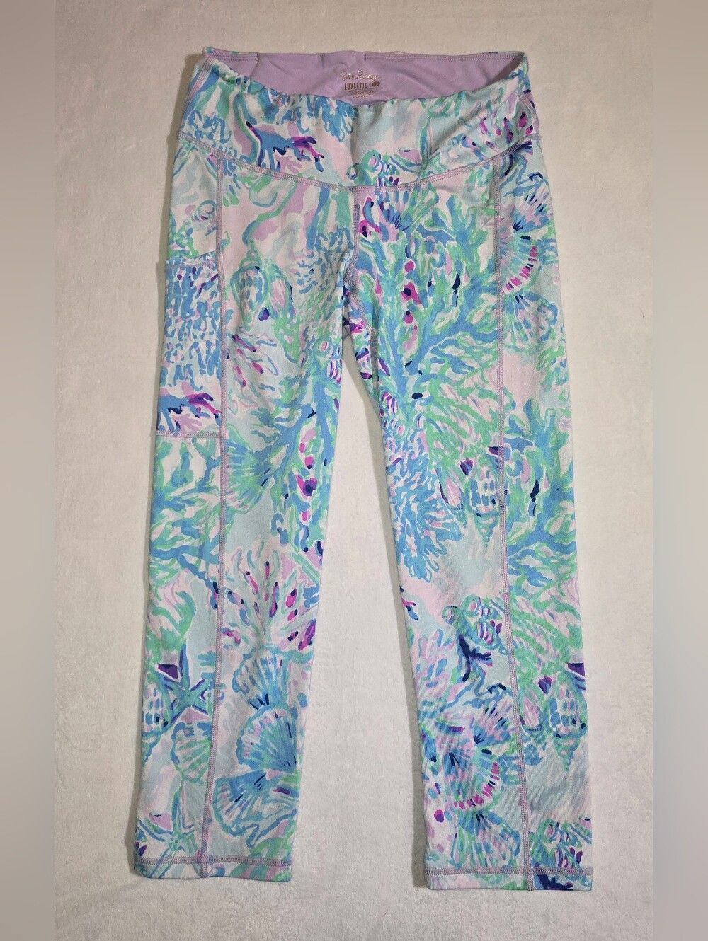 Lilly Pulitzer Luxletic Weekender Crop Leggings Coral Reef Blue Mint Shells Smal